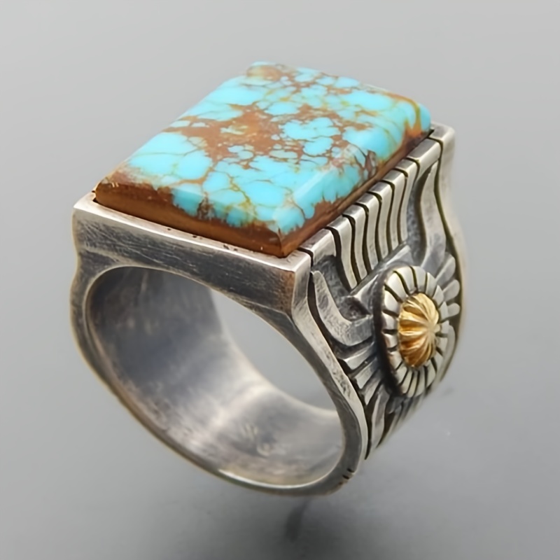 Retro Synthetic Square Turquoise Ring for Women and Men